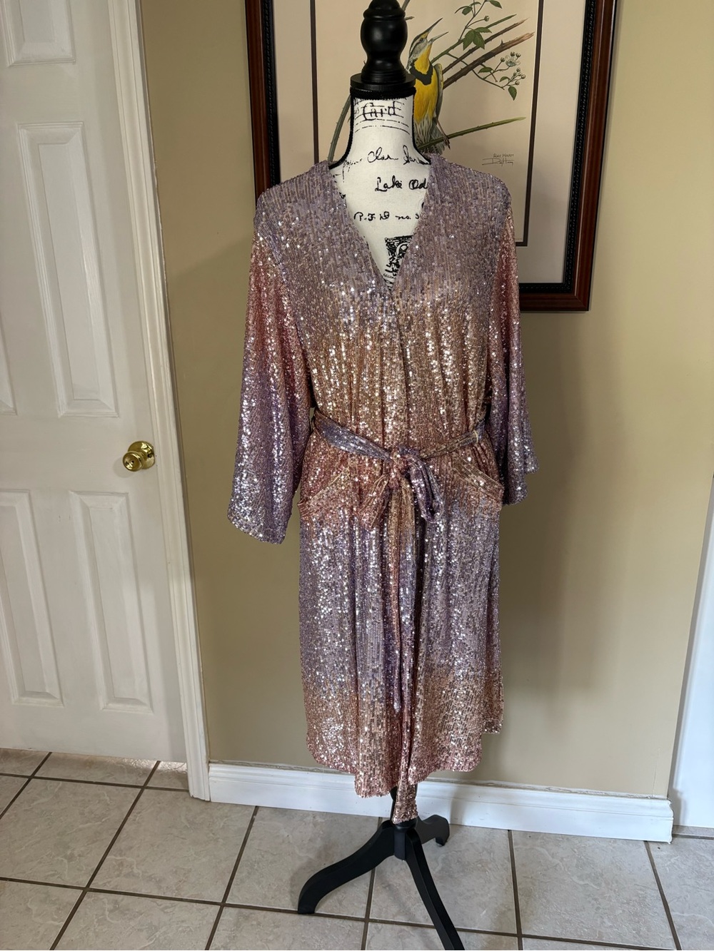 4/$25 Skies are Blue Sequin Fully Lined Belted Duster Cardigan Curvy 1X XL